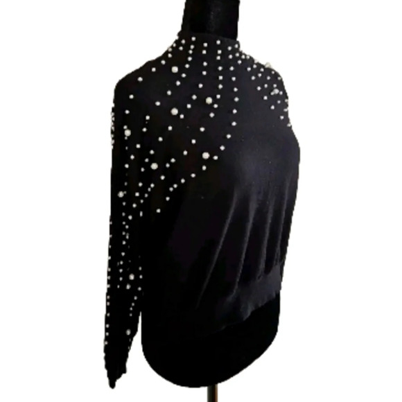 Bebe Womens Black Slightly Cropped Mock Neck Sweater With Pearl Accents M - Picture 3 of 13